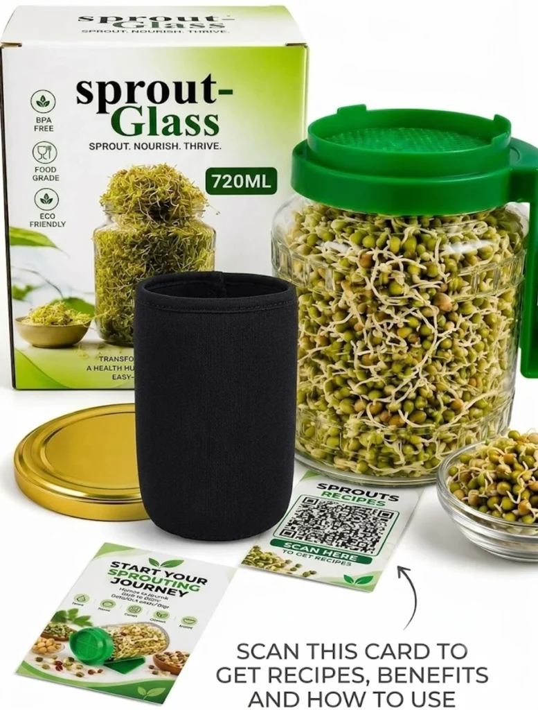 KitchenMartt Glass Sprout Maker - 720 ml (Green, Clear)